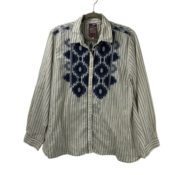 Johnny Was 3J Workshop XL Boho Aztec Geometric Embroidered Shirt Long Sleeve - Picture 10 of 16